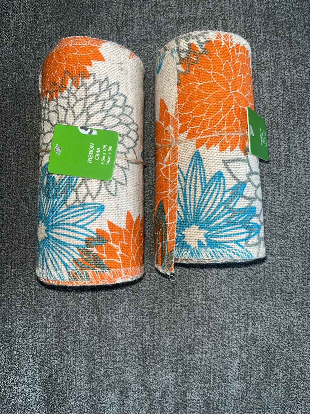 5.5” x 10’ Ribbon Floral Burlap ribbon - Orange & Blue - home decor